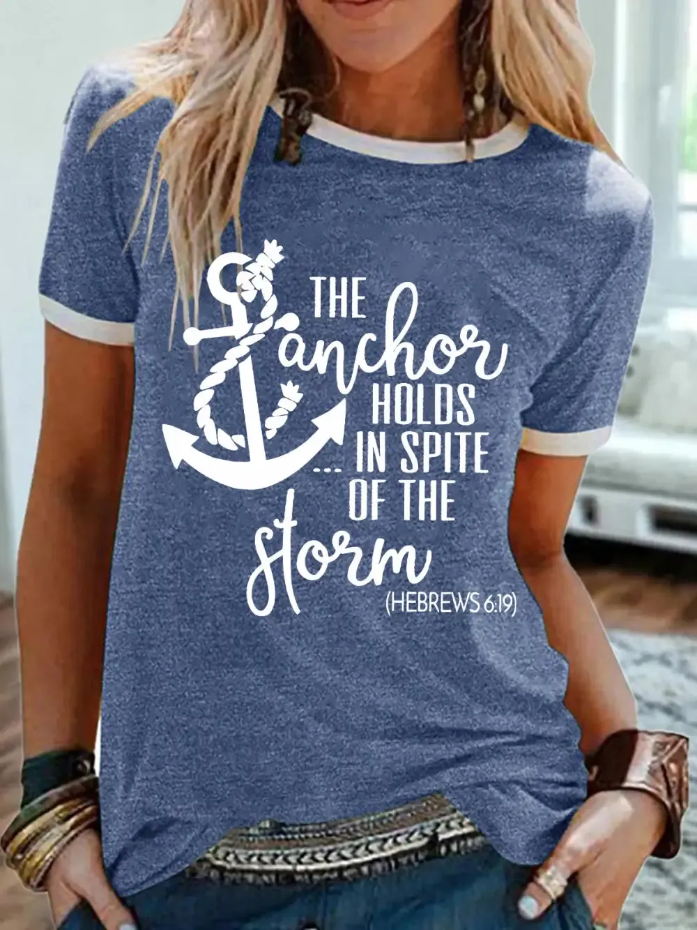 The Anchor Holds In Spite Of The Storm Crew Neck Tee
