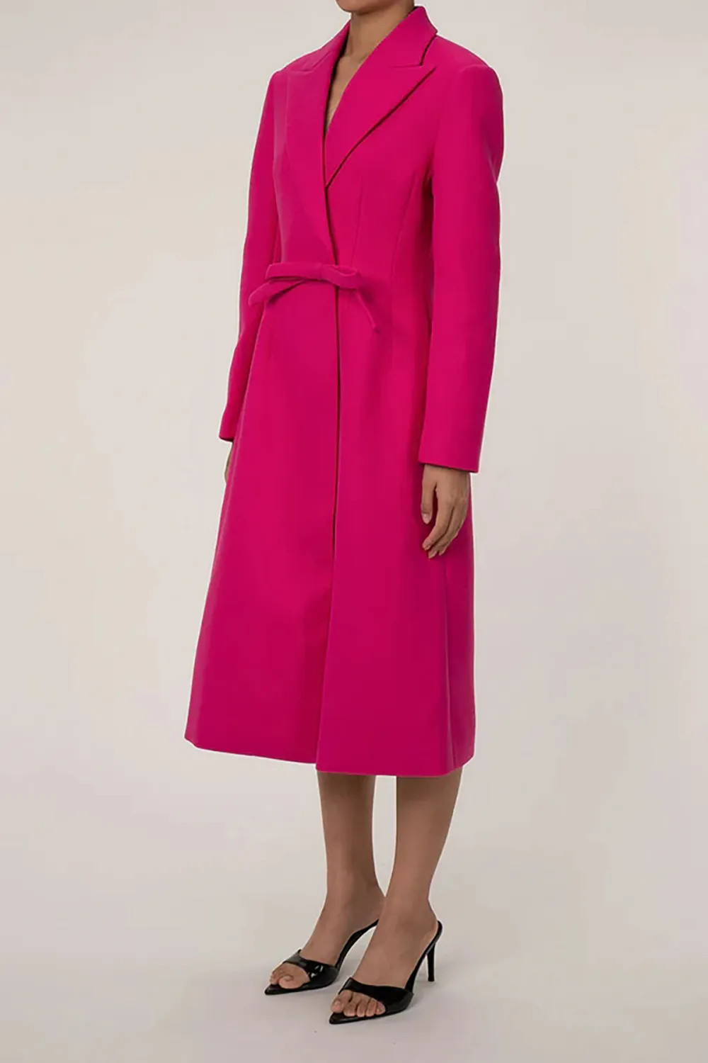 Glamorous Peak Lapel Bow Trim Long Sleeve Cinch Waist Wool Long Coat
