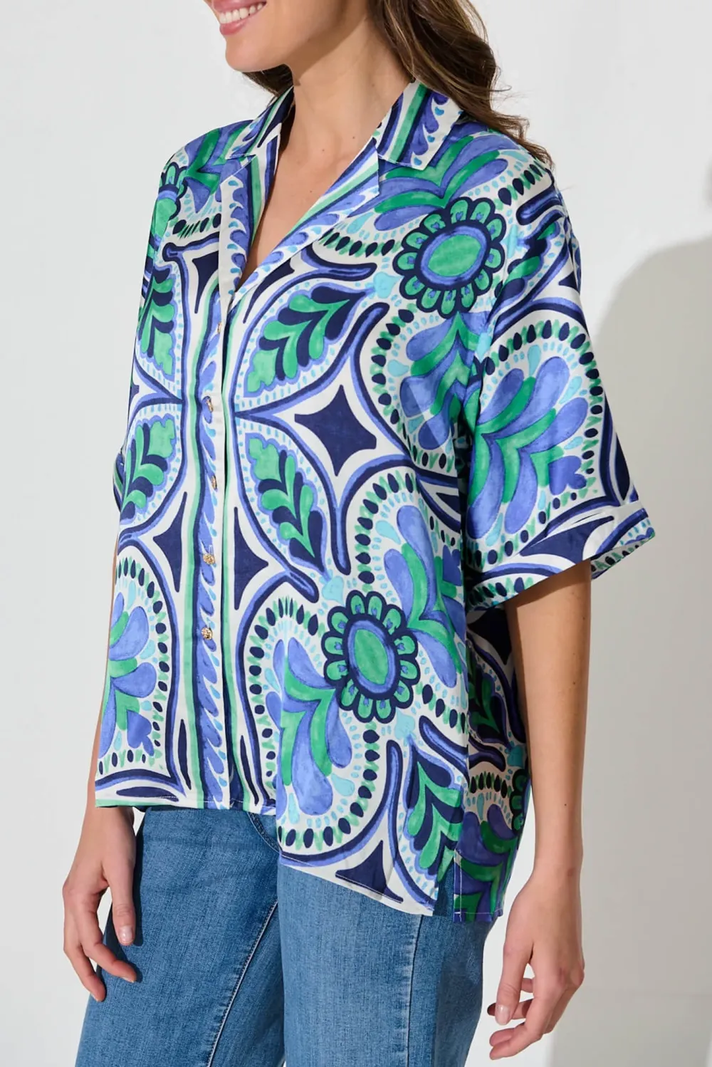 Blue Green Patterned Short Sleeve Shirt