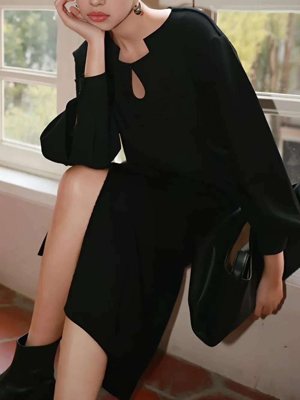 Cutout Plain Long Sleeve Blouse