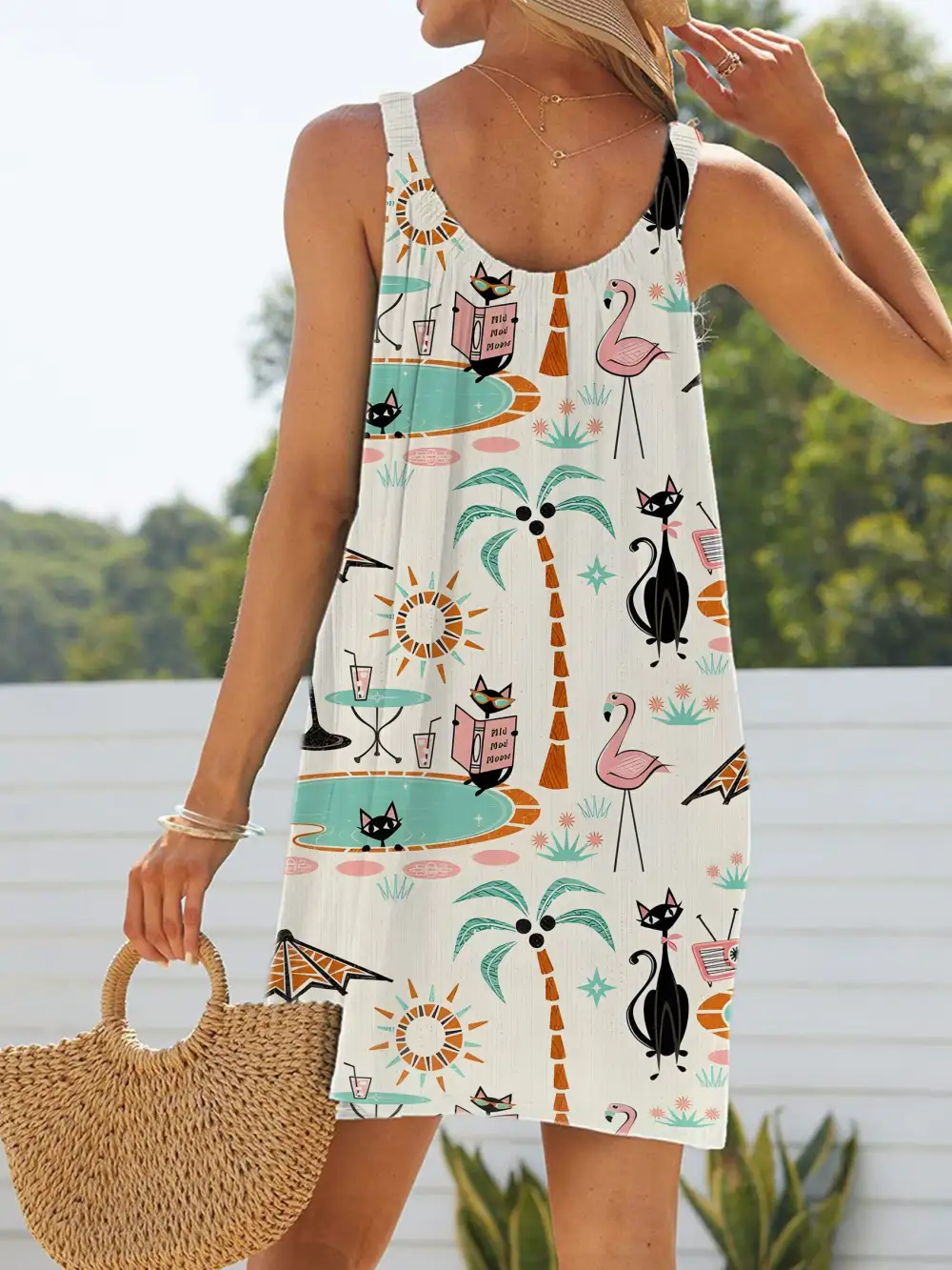 Women's Vacation Hawaii Cocktail Black Cat Palm Tree Art Print Dress