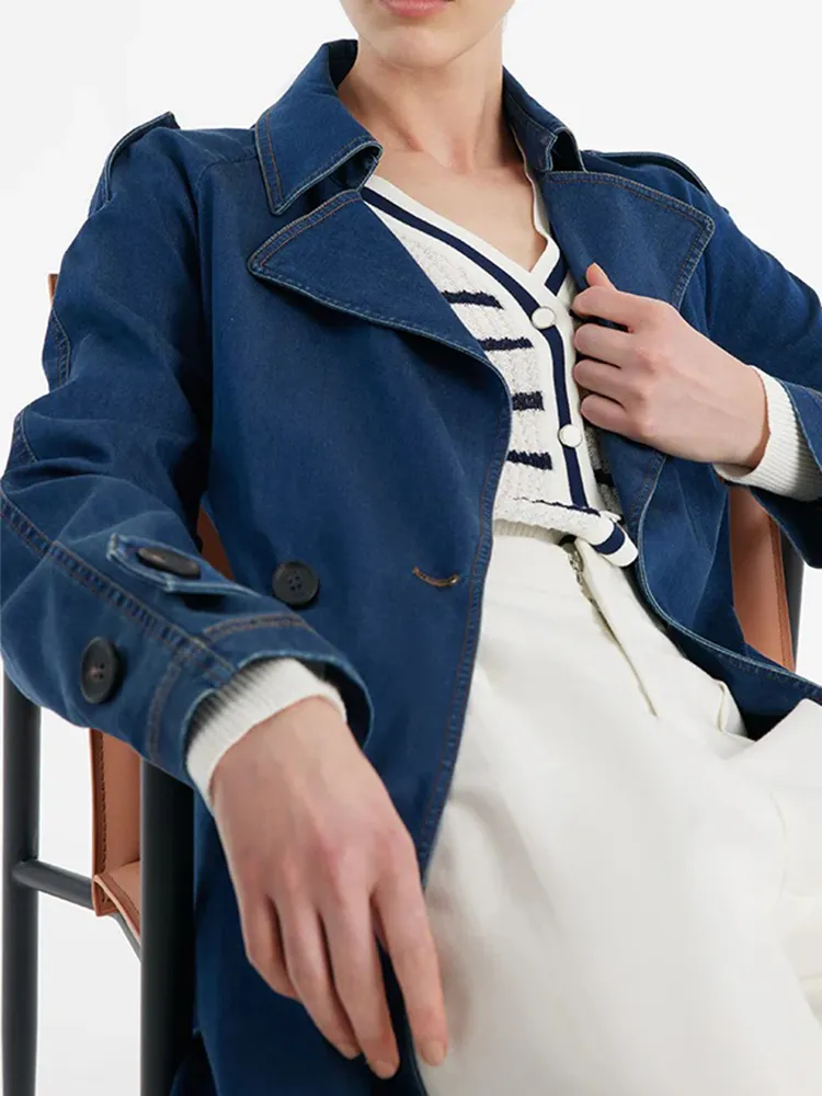 Denim Lapel Women Trench Coat With Belt