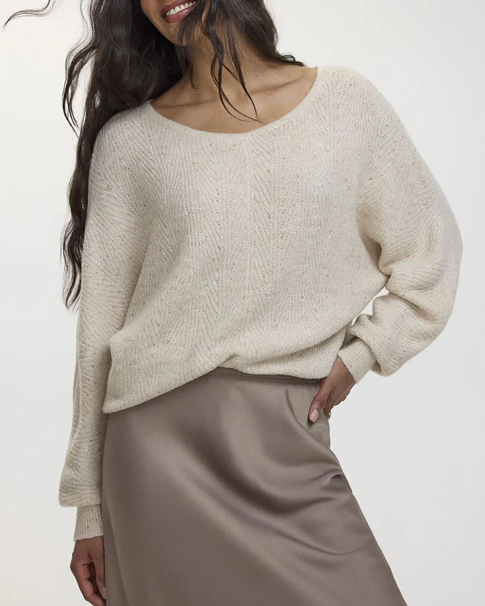 Long-Sleeve Boat-Neck Boxy Sweater with All-Over Sequins