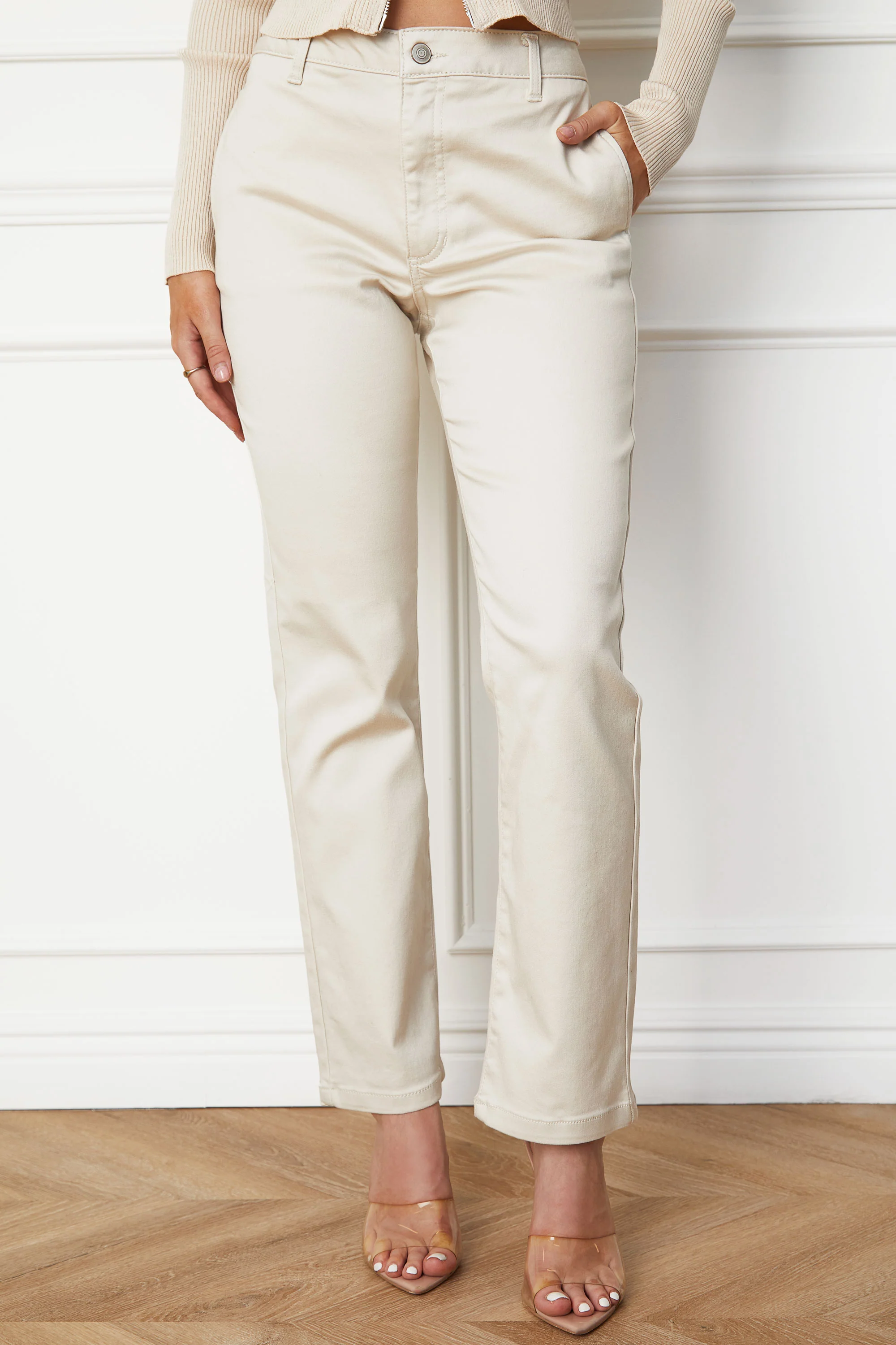 Beige Straight Twill Slim Fit Pants