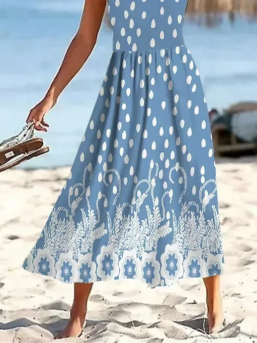 Women Polka Dots Crew Neck Sleeveless Comfy Casual Midi Dress