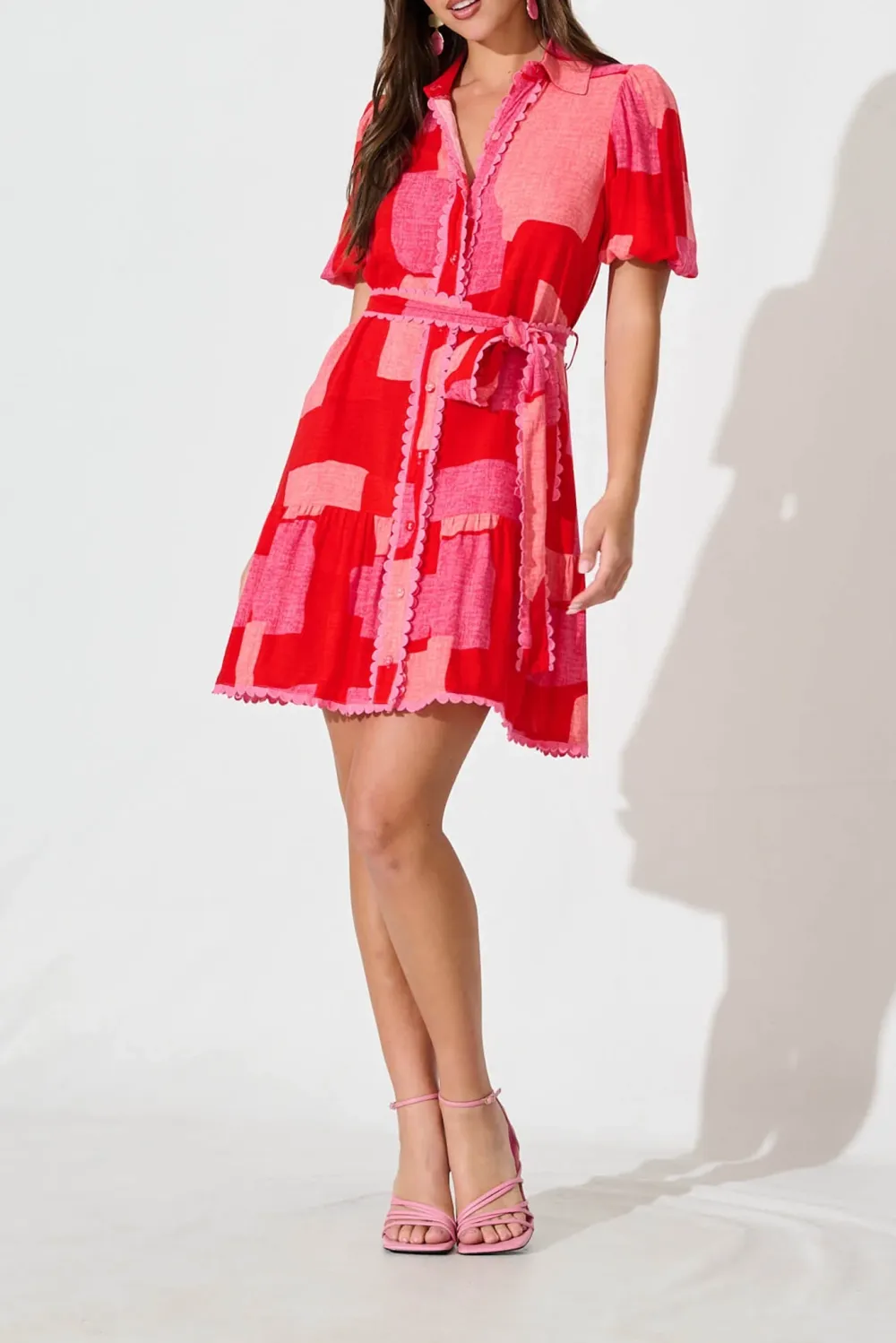 Multi Red Print Belted Mini Dress
