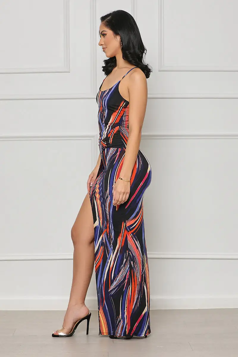 Midnight Vibe High Slit Dress (Black Multi)-FINAL SALE