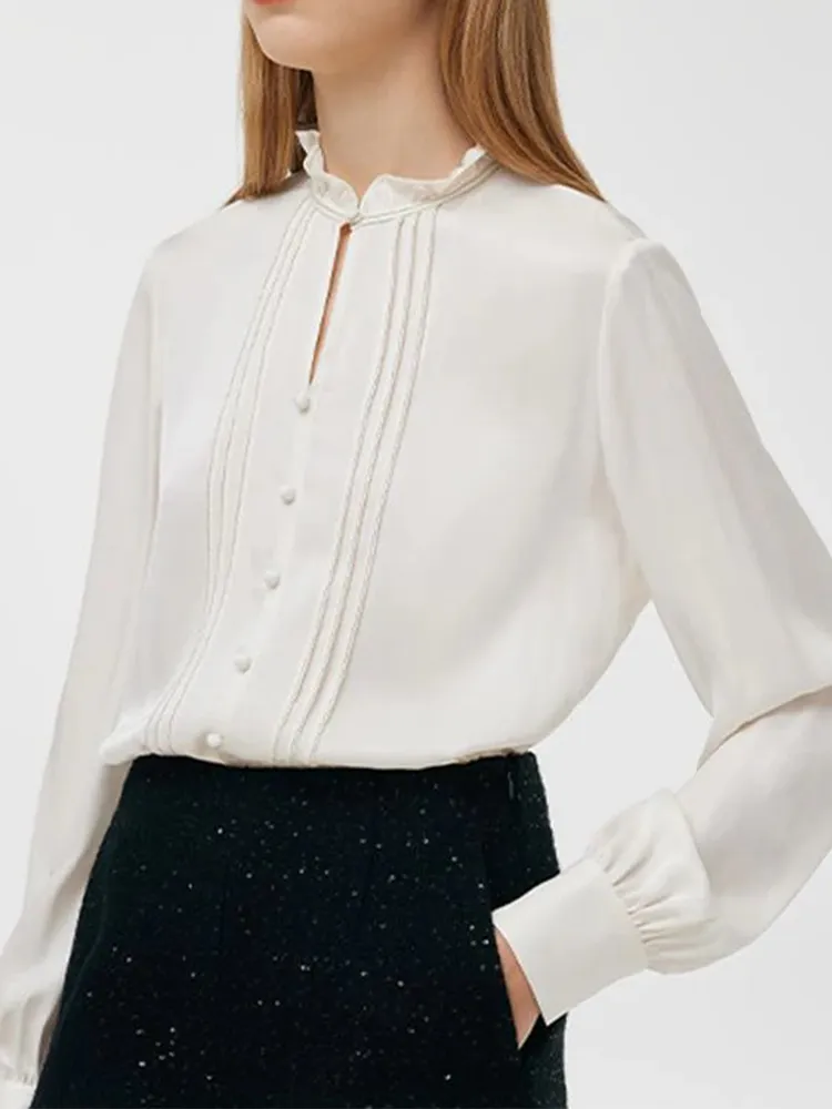 Women's white silk ruffle collar shirt