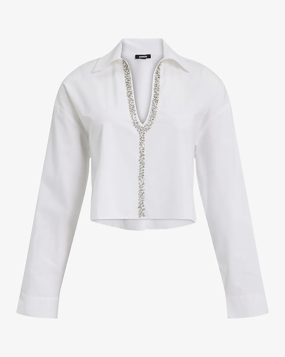 Embellished Collared V-Neck Long Sleeve Cropped Shirt