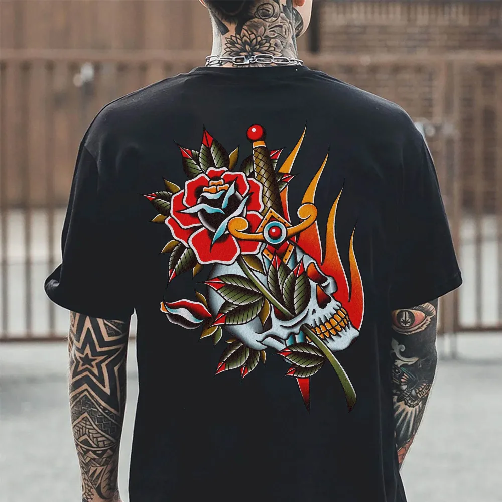 Fire Skull Rose Printed Men's T-shirt