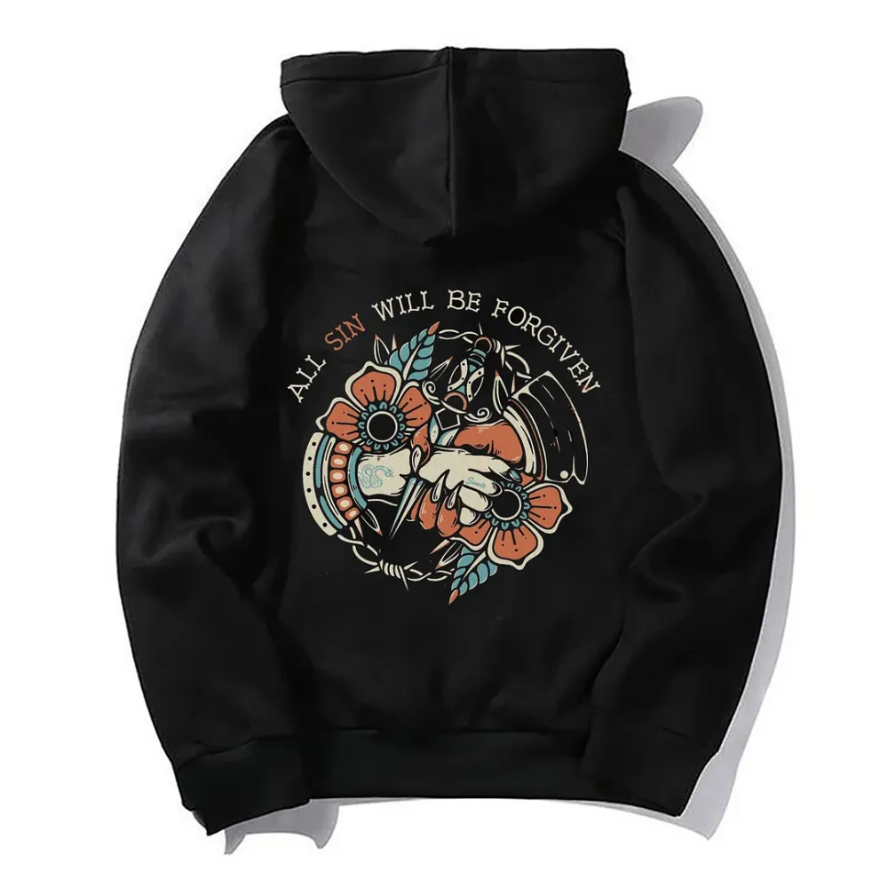 ALL SIN WILL BE FORGIVEN Shake Hands Graphic Black Print Hoodie