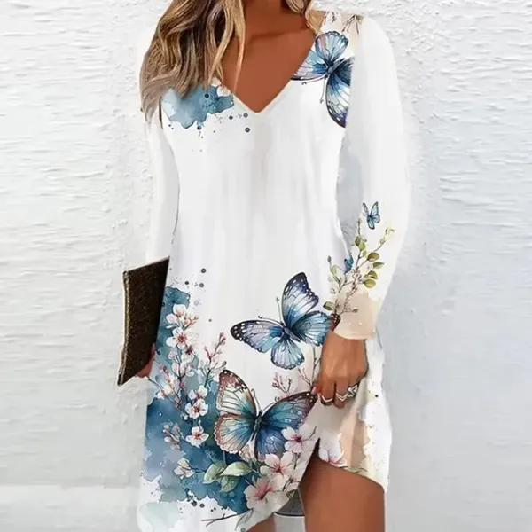 Women Floral V Neck Long Sleeve Comfy Casual Short Dress