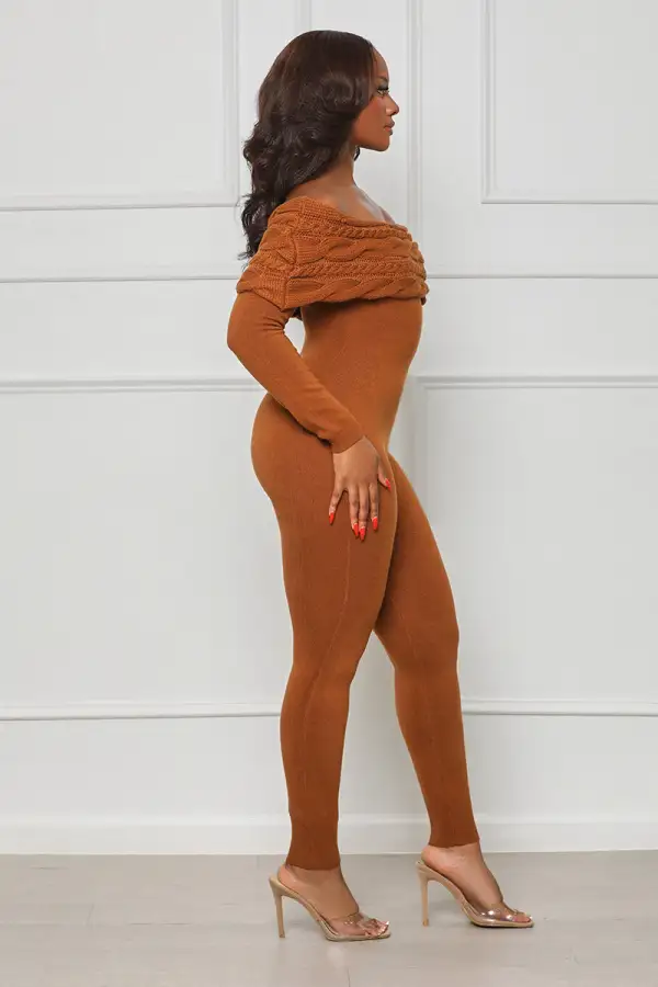 Fall Fever Off Shoulder Jumpsuit (Chestnut)