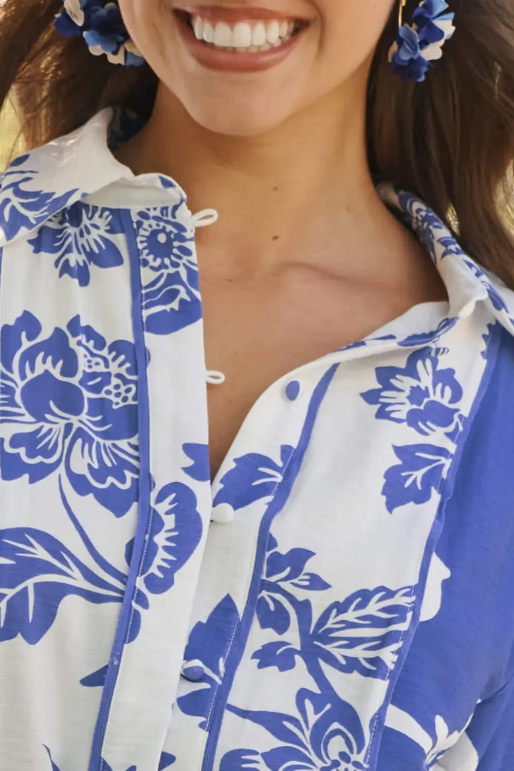 Blue Patterned Belted Shirt Dress