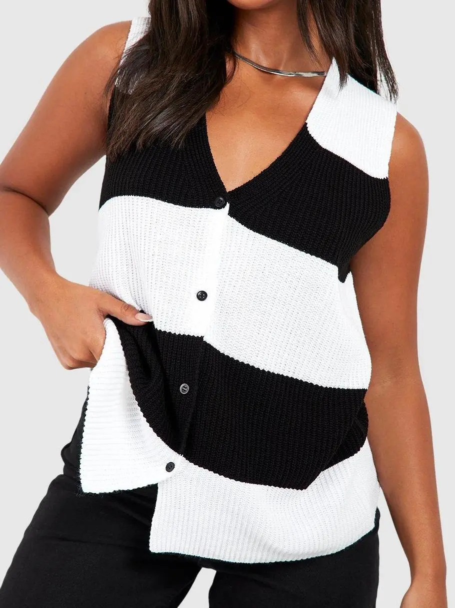 STRIPE LONGLINE BUTTON FRONT VEST