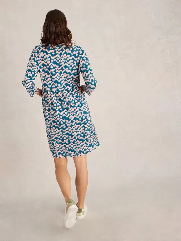 Thea Jersey Knee Length Dress In Teal Print