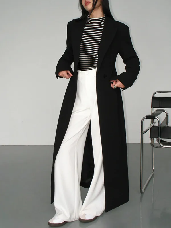 Plain Button Up Lapel Long Blazer