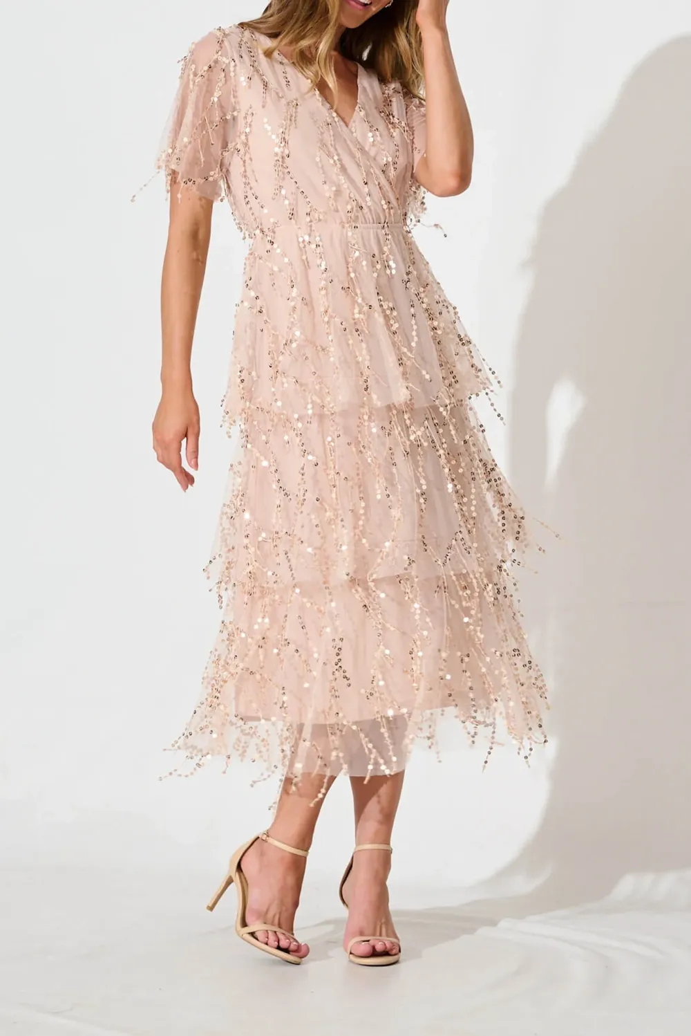 Light Pink Beaded Tiered Midi Dress