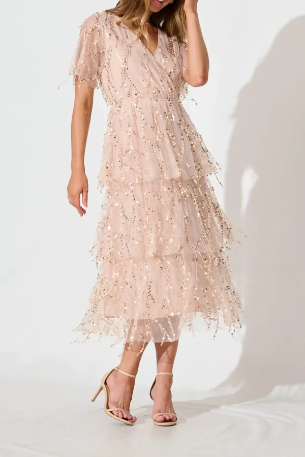 Light Pink Beaded Tiered Midi Dress