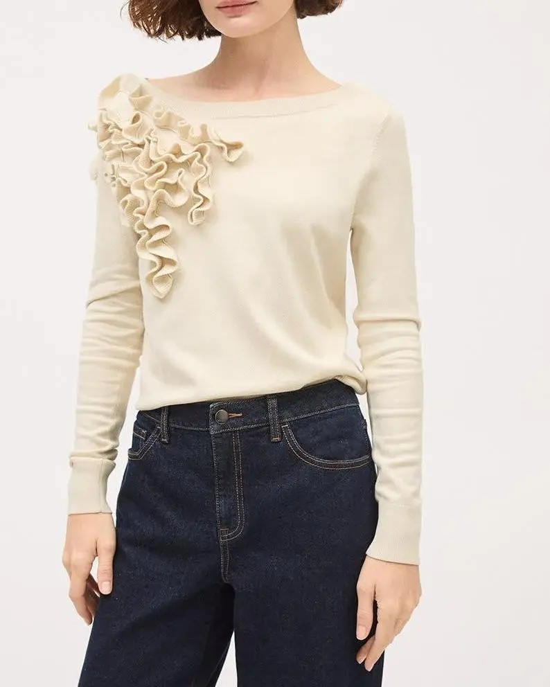 Long-Sleeve Boat-Neck Pullover with Frills