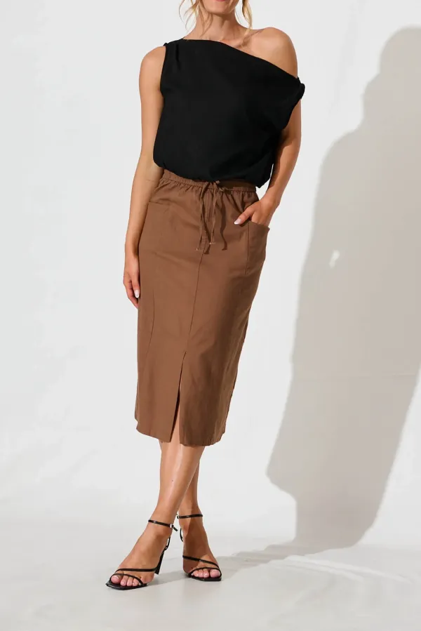 Brown Elastic Waist Slit Midi Skirt