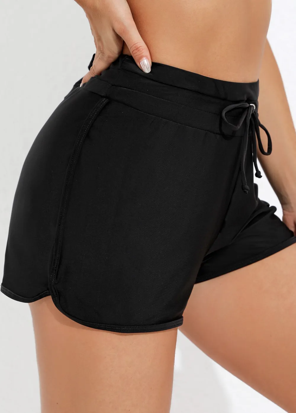 Mid Waist Drawstring Detail Black Swim Shorts