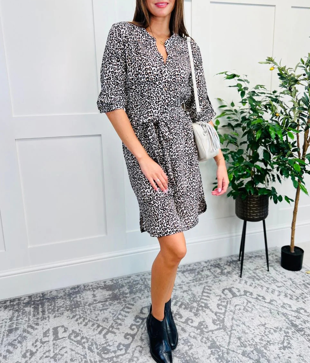 Leopard Print Belted Shirt Dress