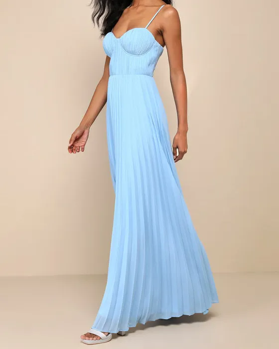 Admirable Elegance Light Blue Pleated Bustier Maxi Dress