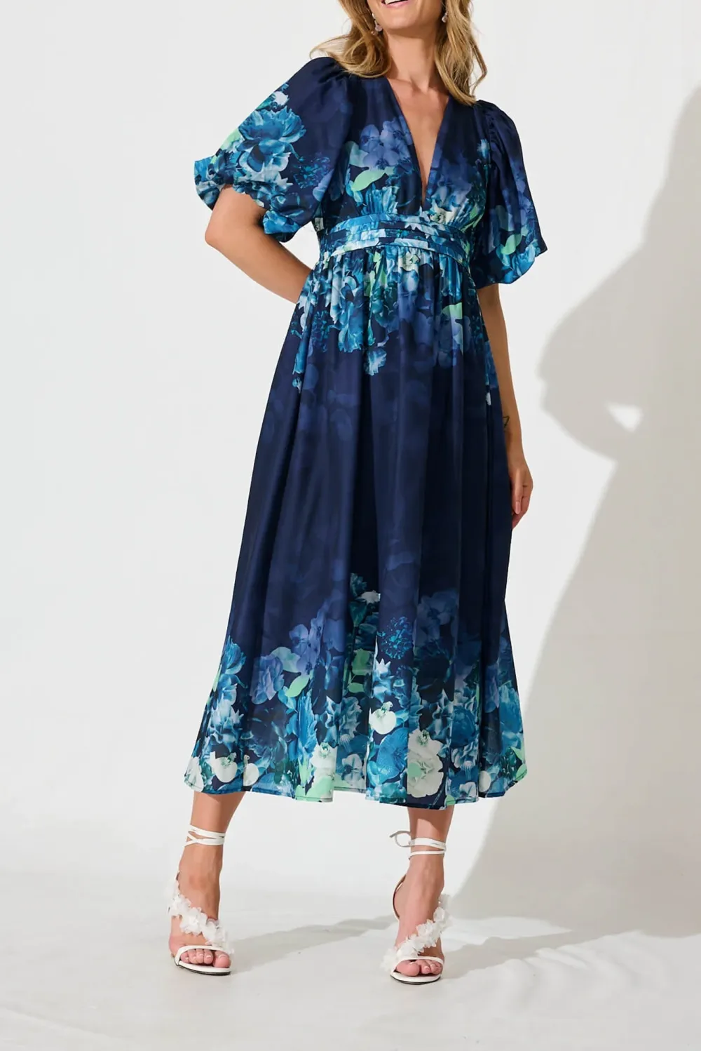 Navy Blue Floral Print Puff Sleeve Maxi Dress
