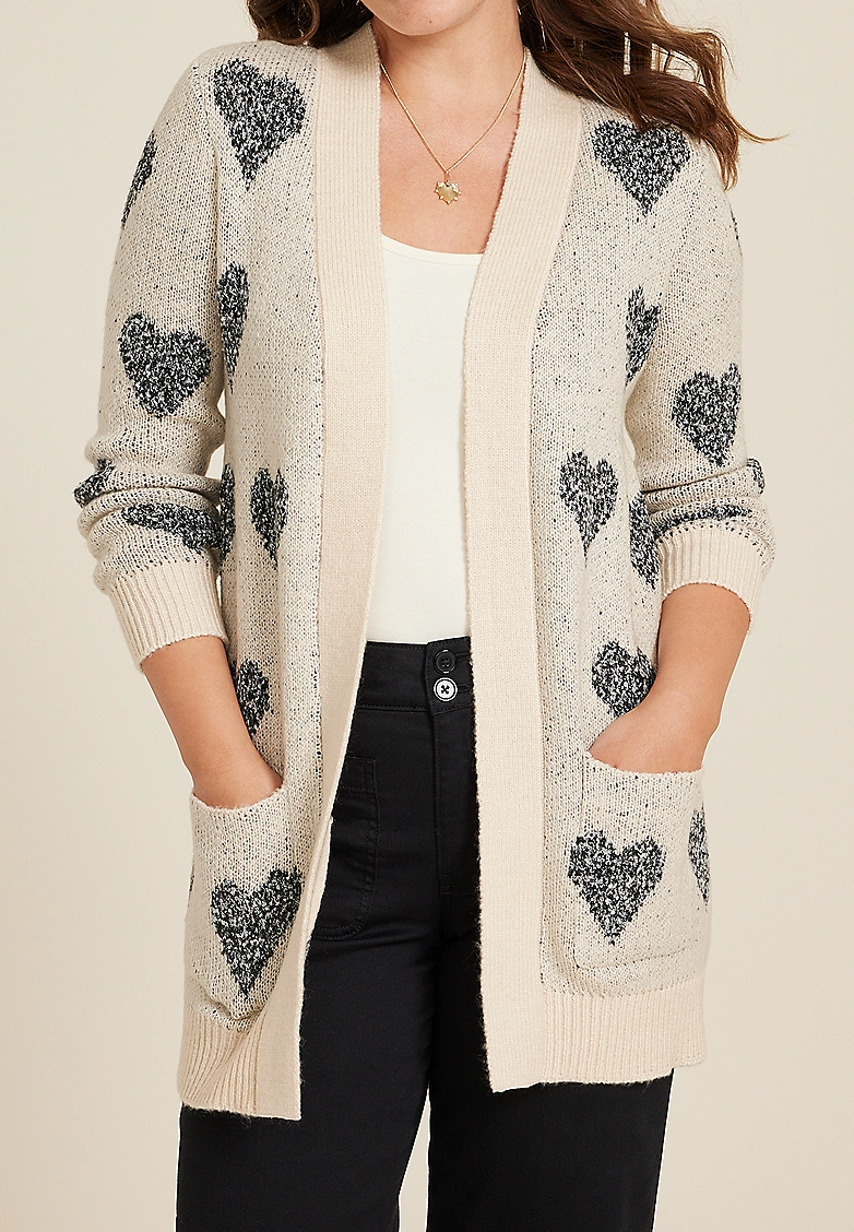 Heart Open Front Pocket Cardigan