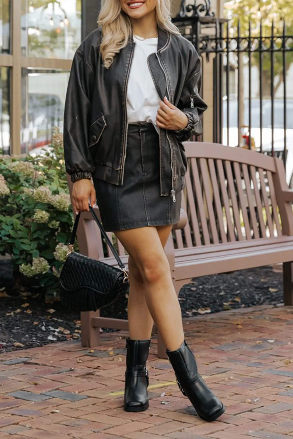 Dark Brown Faux Leather Bomber Jacket