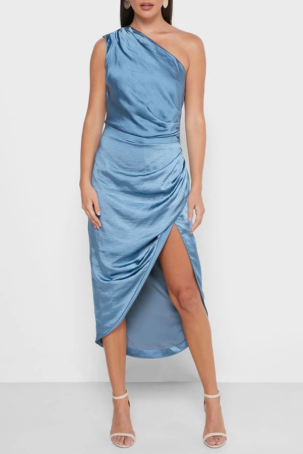 High Slit One Shoulder Satin Cocktail Party Dress - Dusty Blue