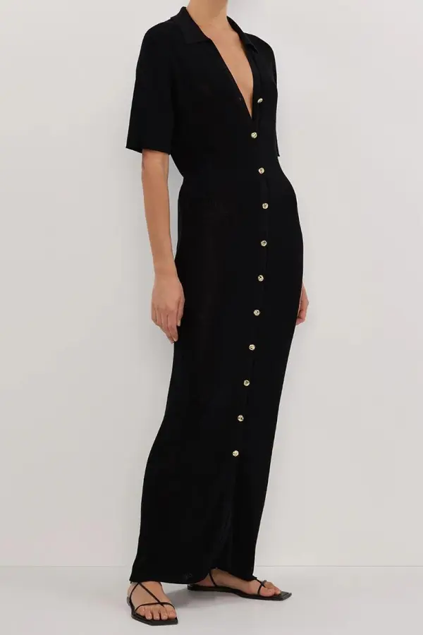 LIAM BLACK KNIT POLO MAXI DRESS