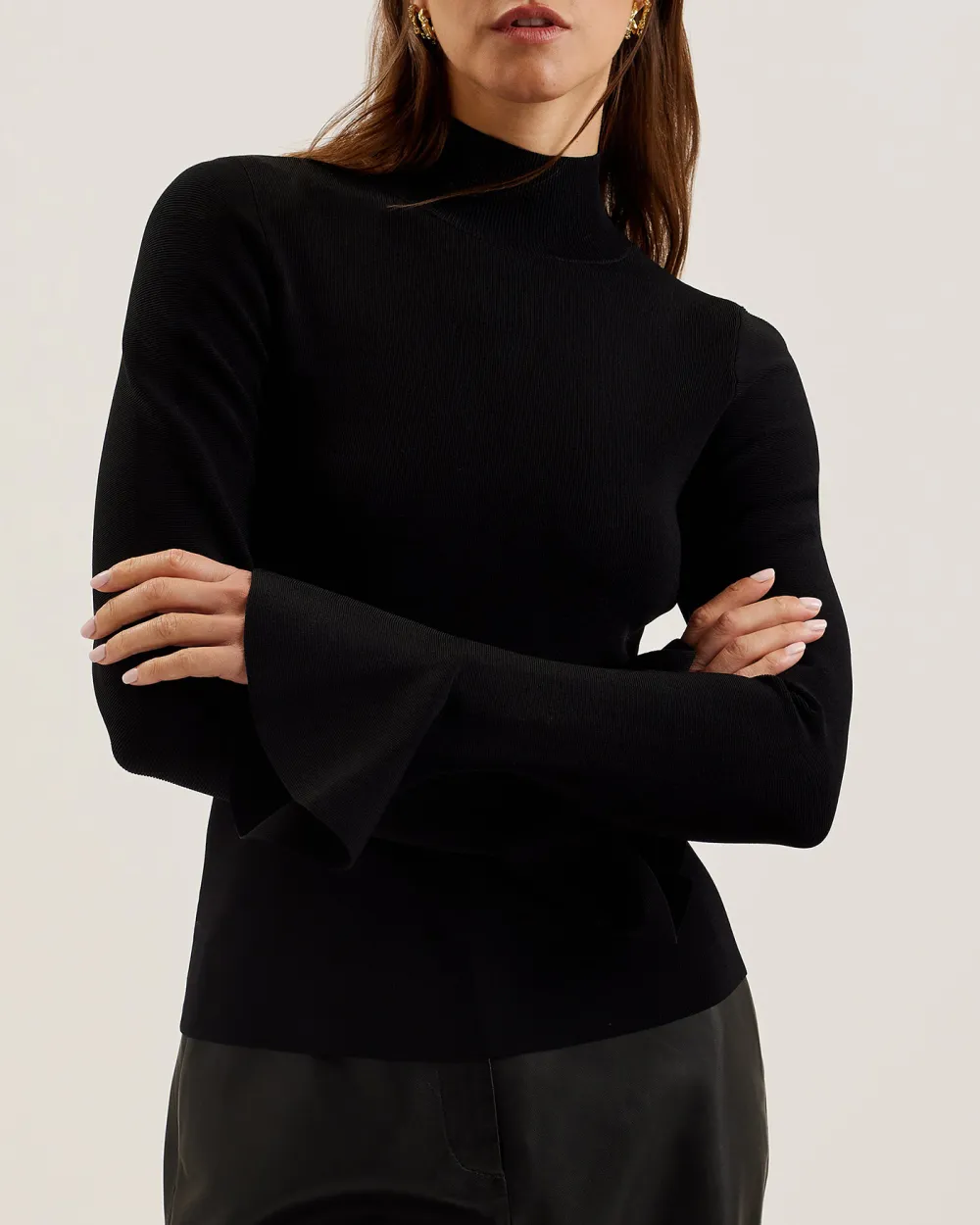 Laynha High Neck Knitted Frill Sleeve Top Black