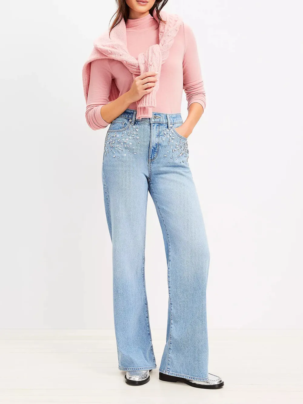 Sparkle High Rise Wide Leg Jeans in Light Wash Indigo