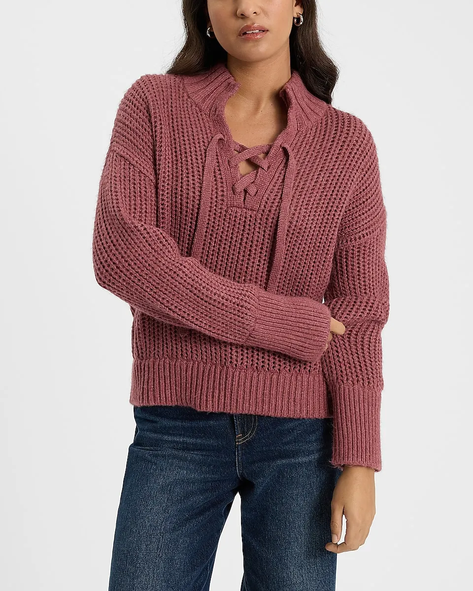 Easy Stitched Lace Up Mock Neck Sweater