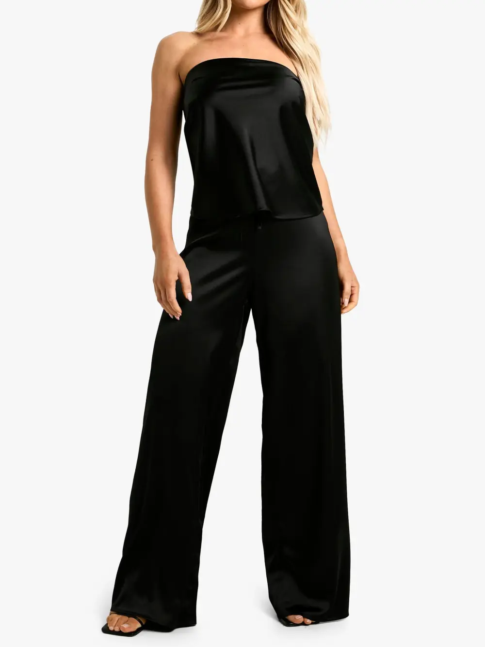 BLACK SATIN LONGLINE BANDEAU & DRAWSTRING WAIST WIDE LEG TROUSER SET