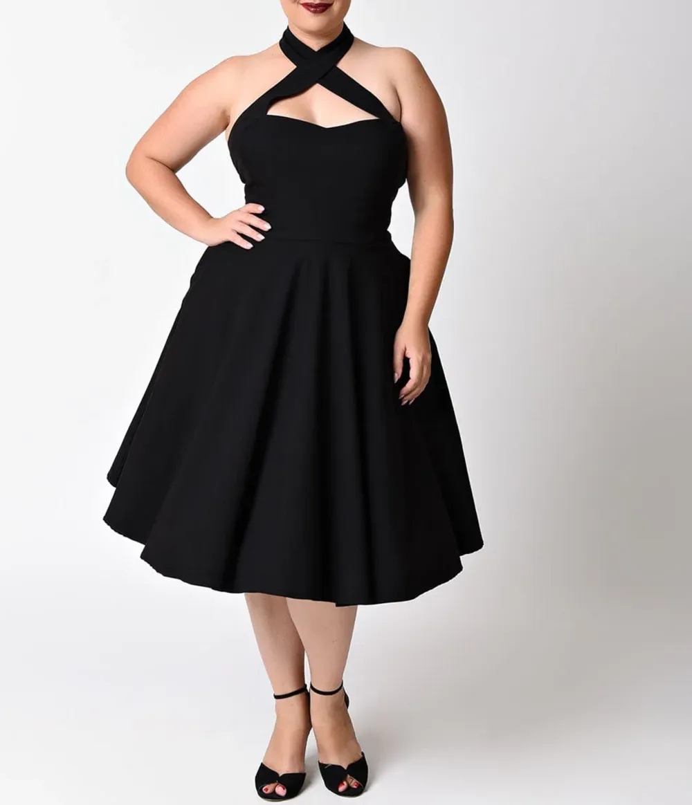 Unique Vintage Plus Size Black Criss Cross Halter Rita Flare Dress