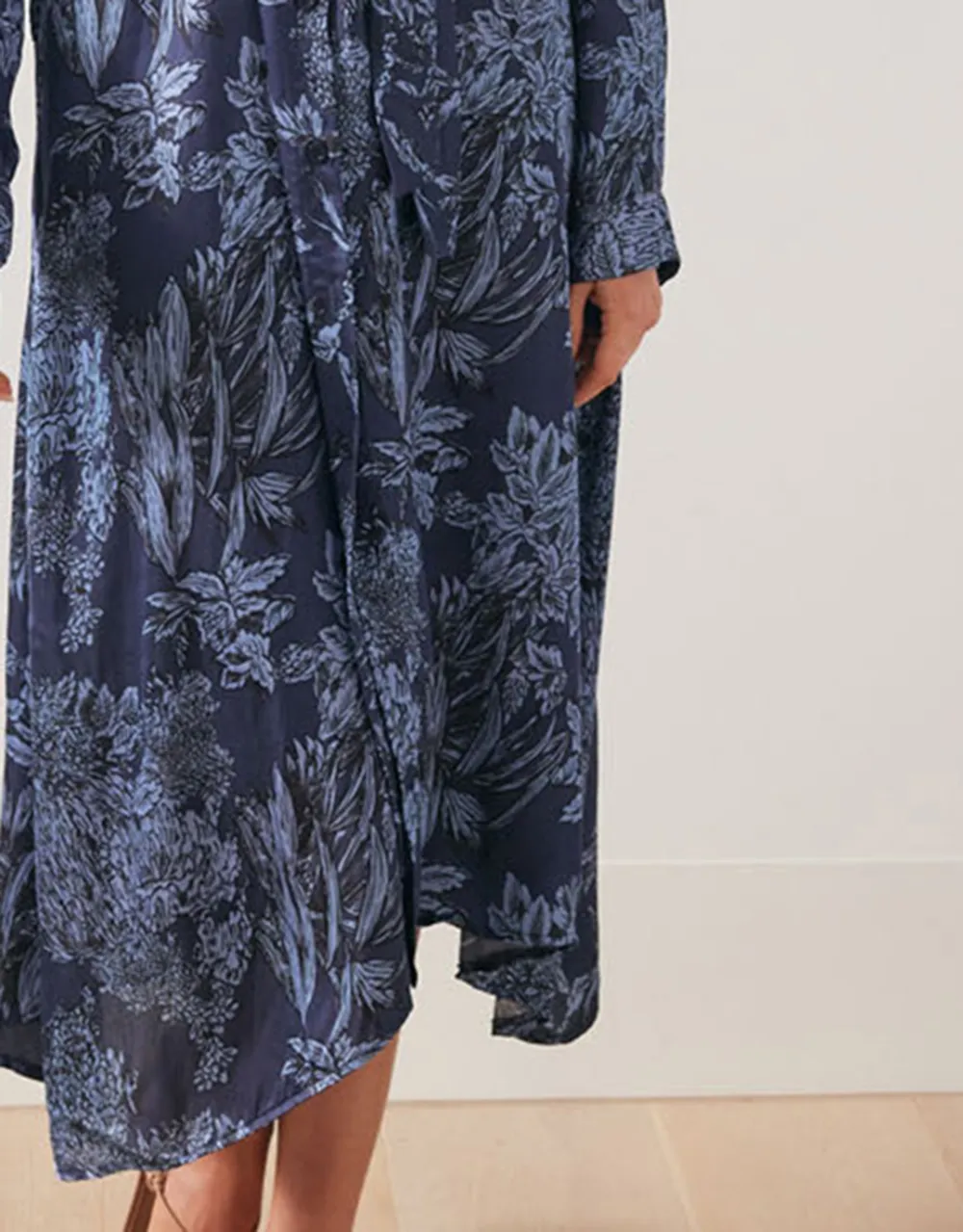 Botanic Print Midi Shirt Dress - Navy