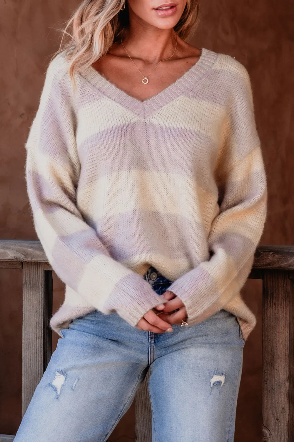 Lavender Striped V Neck Sweater