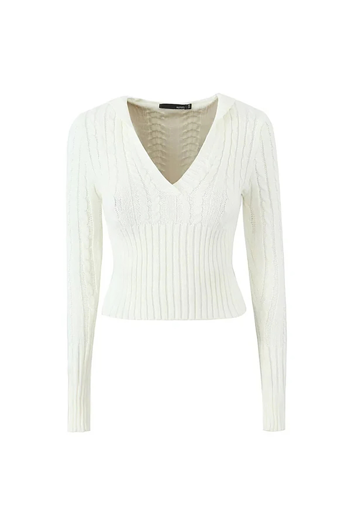 Preppy Style Hooded V Neck Long Sleeve Cable Ribbed Knit Crop Sweater