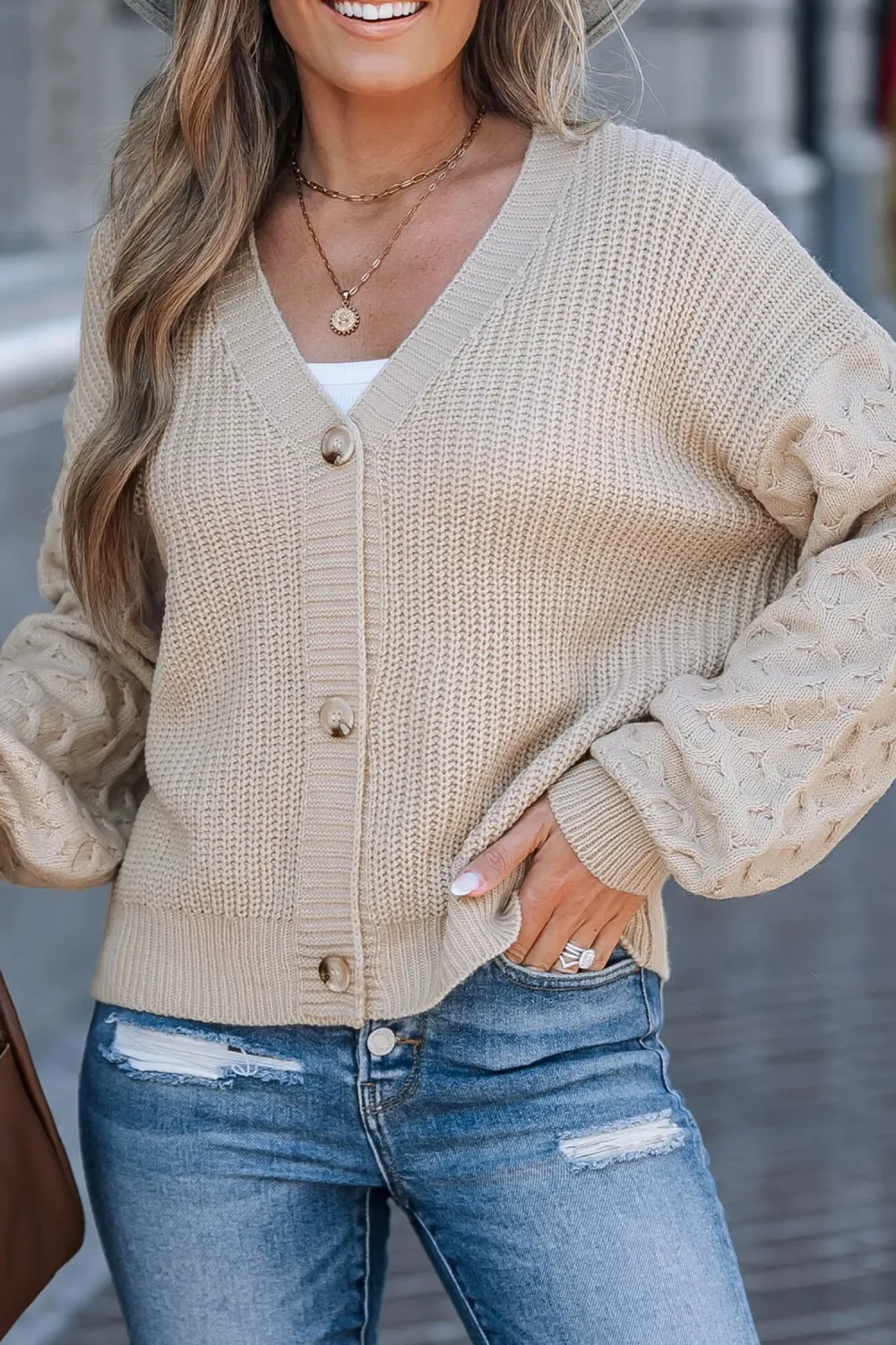 Apricot Honeycomb Puff Sleeve Cropped Cardigan