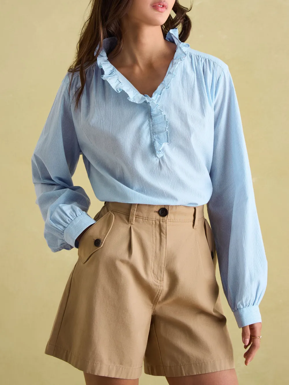 Regular Blue/White Cotton Ruffle Blouse