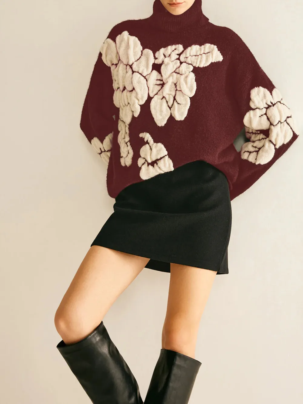 Jacquard High Neck Drop Shoulder Sweater