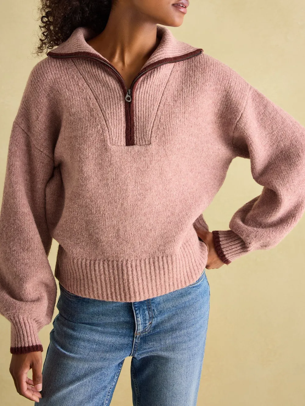 Elmore Pink Knitted Quarter Zip Jumper