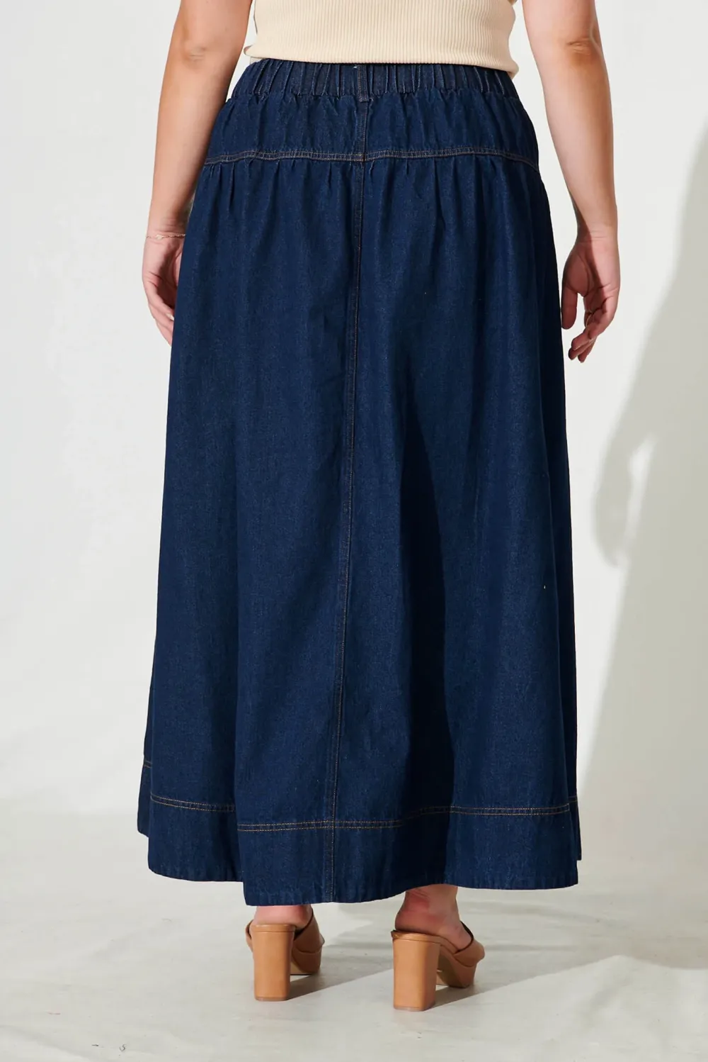 Navy Blue Button Front Denim Midi Skirt