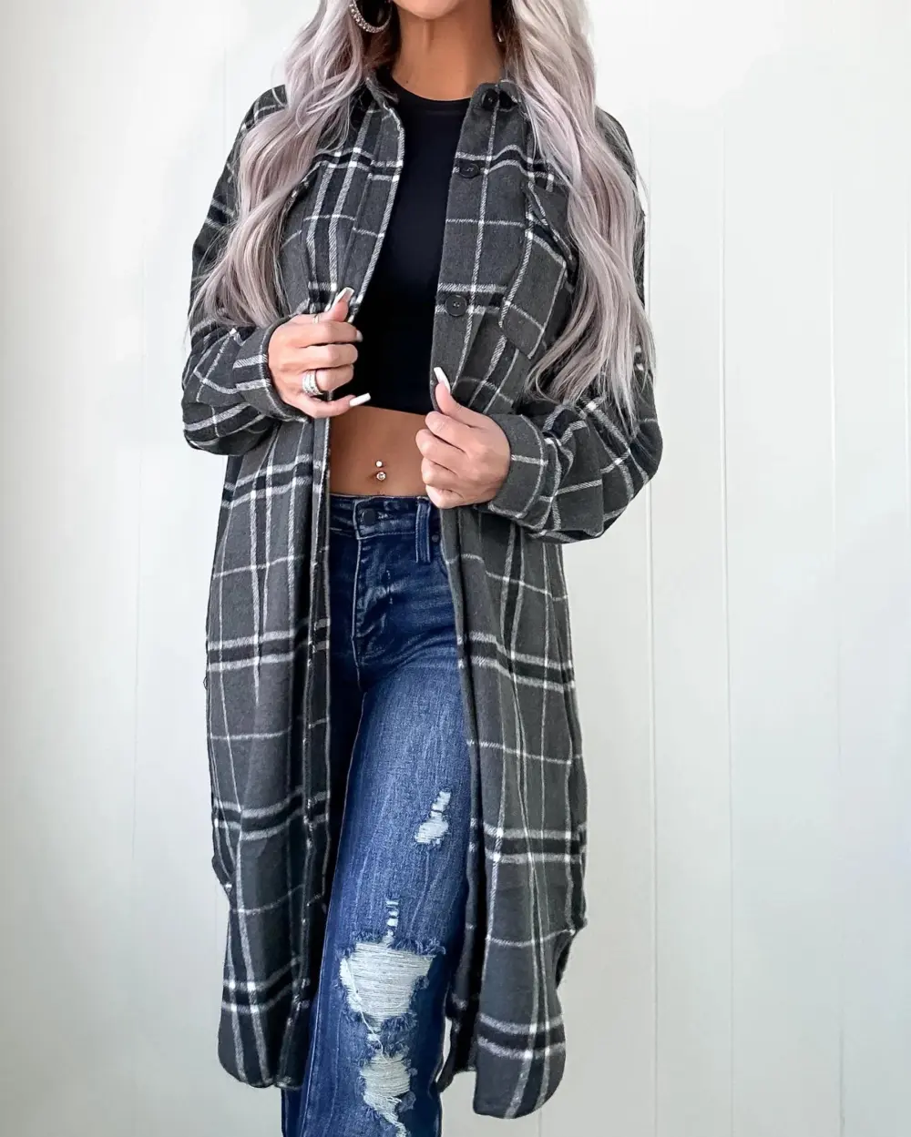 DOORBUSTER Gray Plaid Duster Shacket