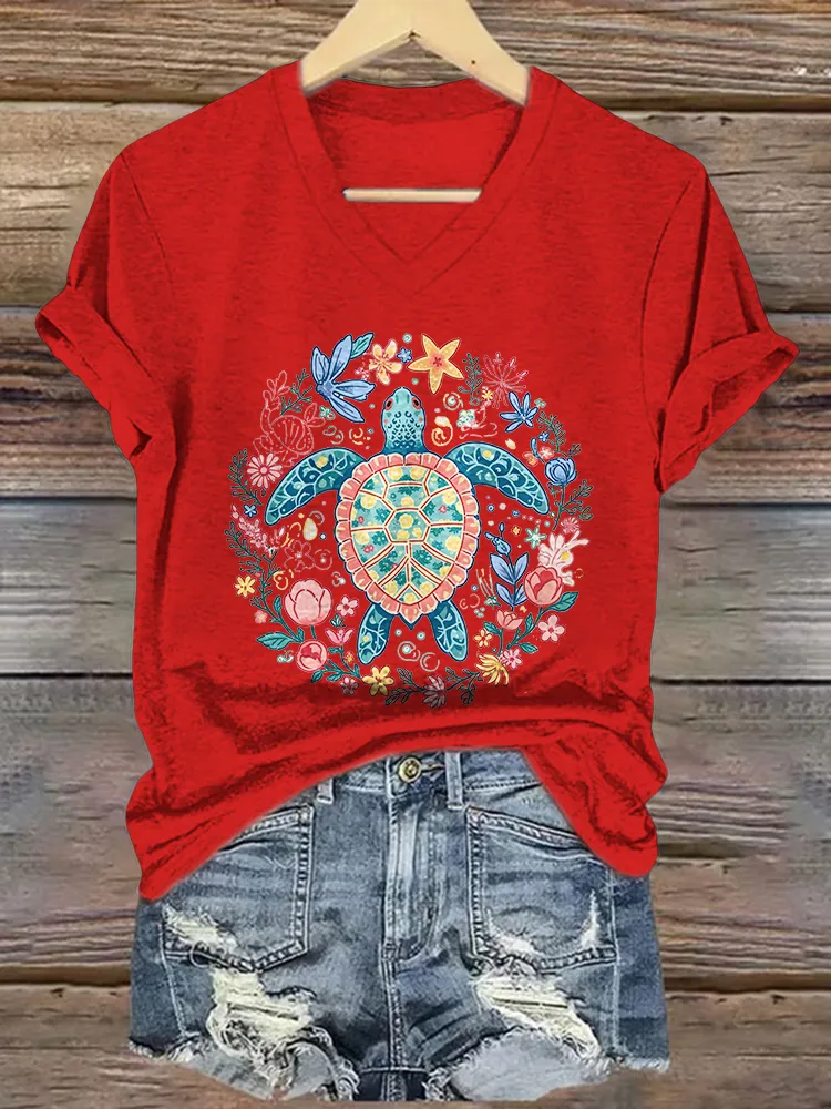 Women's Summer Vibes Short Sleeves V-Neck Pure Cotton T-Shirt