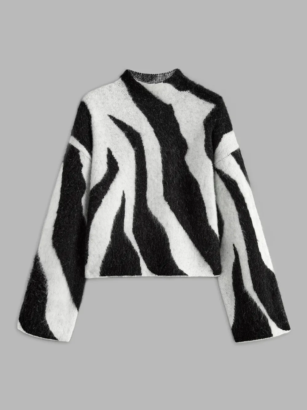 Fuzzy Leopard Drop Shoulder High Neck Sweater