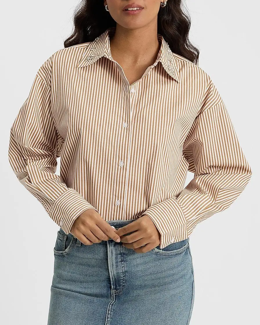 Striped Embellished Collar Boyfriend Portofino Shirt